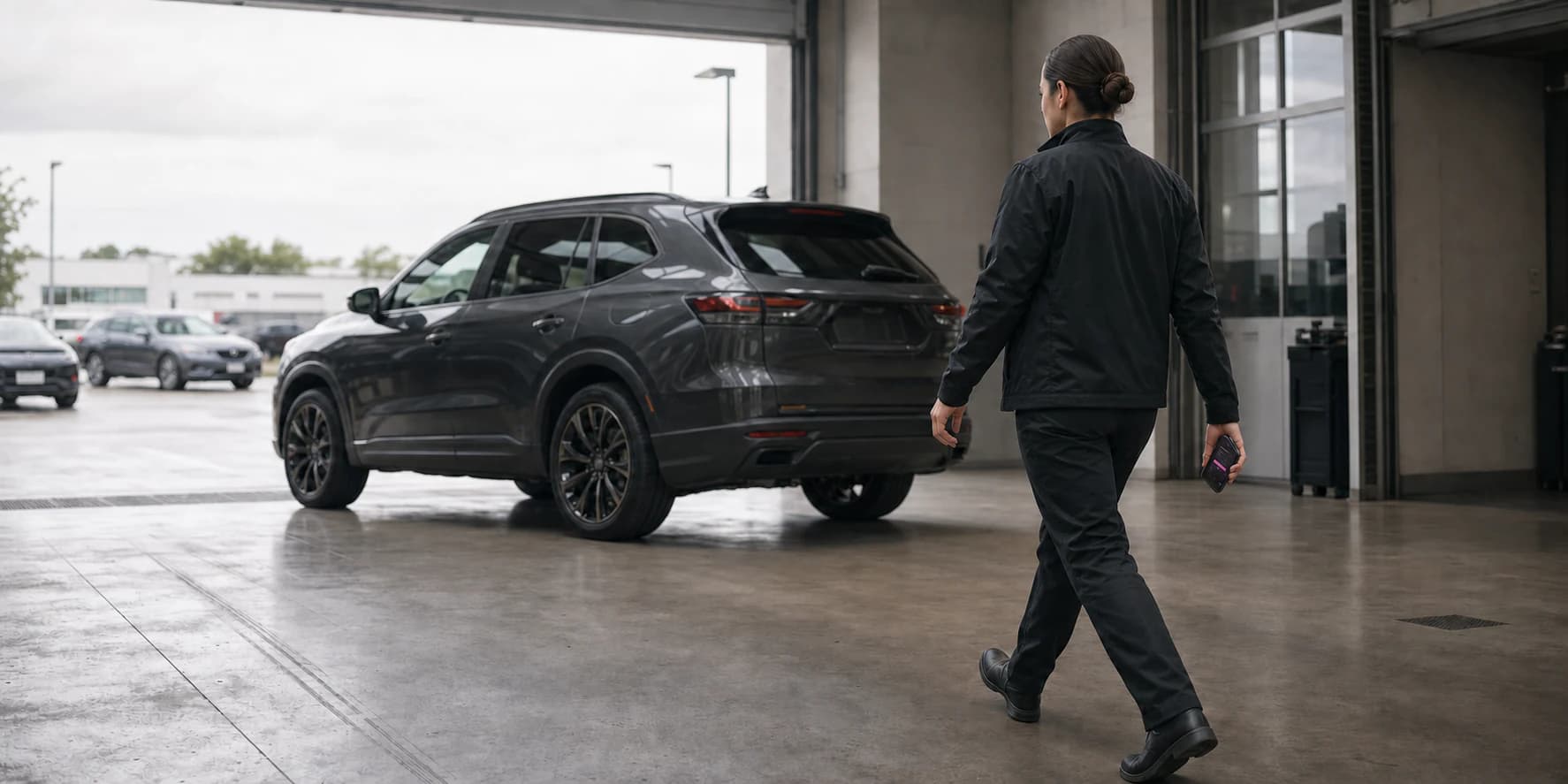 Dealership employee walking through a service lane toward a graphite SUV with Halo open on a naturally scaled phone at her side.