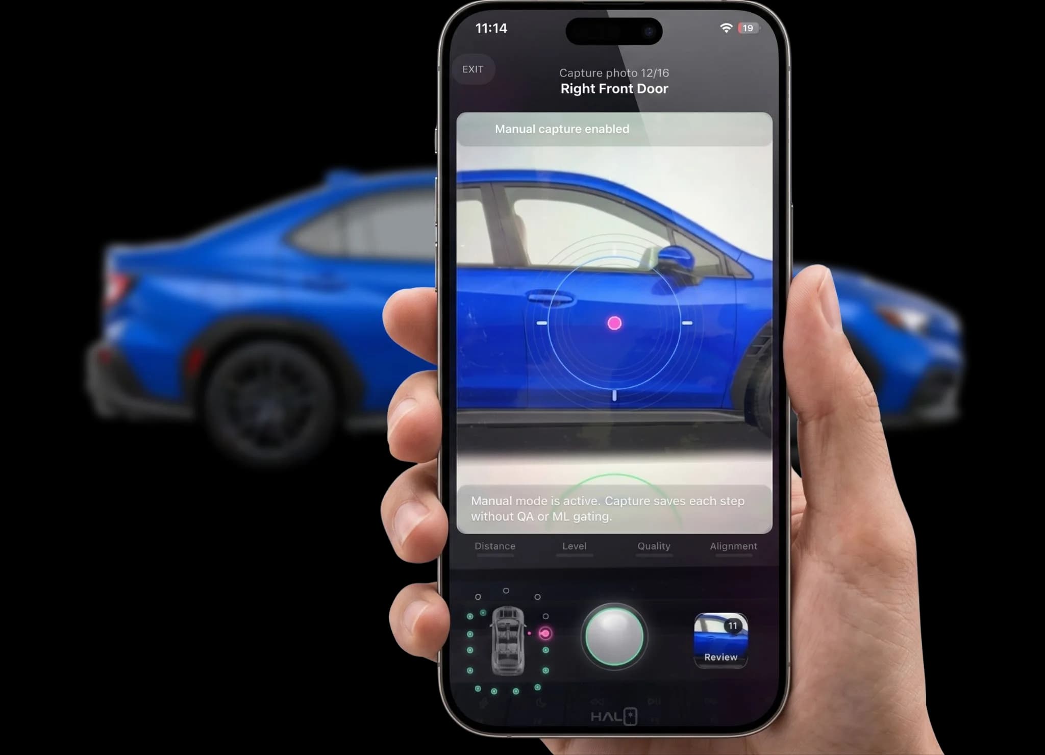 Person holding a phone as Halo places a guidance dot on the vehicle for the next capture position.