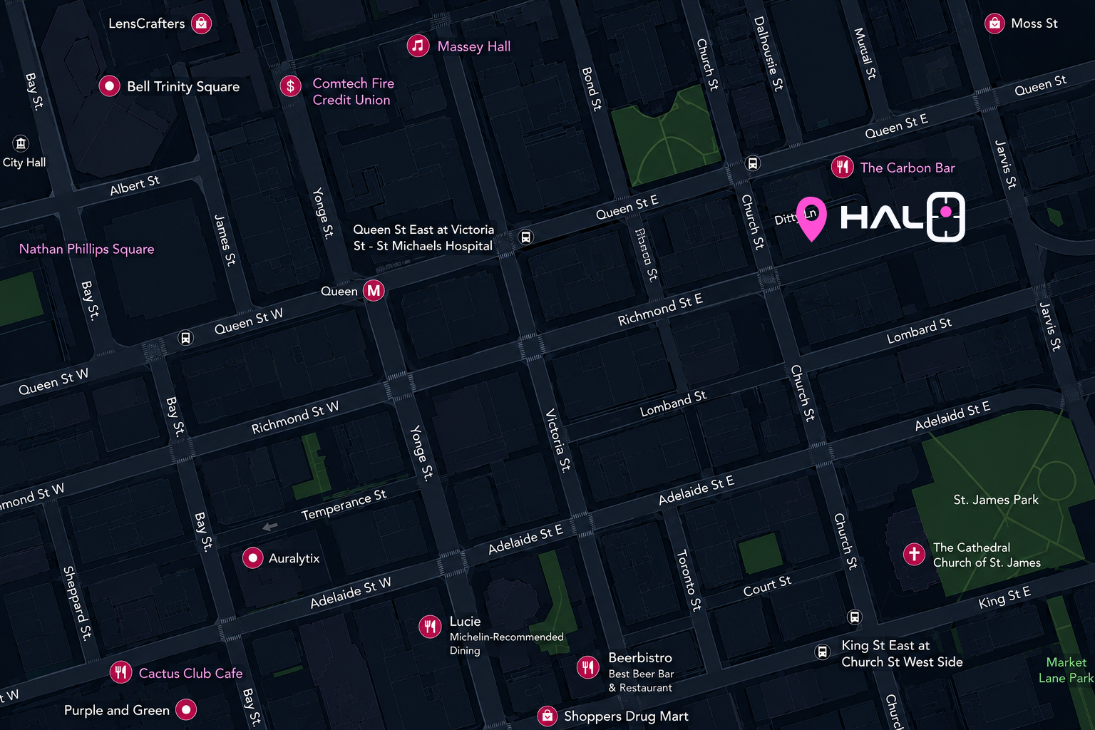 Map of downtown Toronto showing Halo Eye HQ near Richmond Street East.
